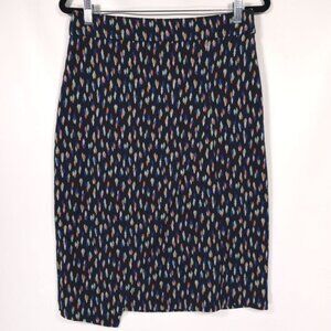 Maeve Anthropologie‎ Debra Navy Orange Faux Wrap Knit Pencil Skirt Asym Size 10